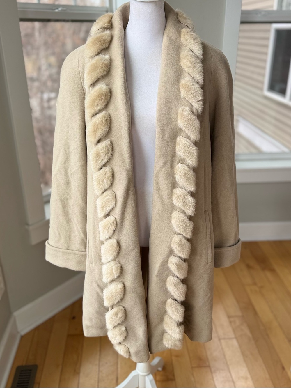 Vintage 60s 70s Albert Nipon Cream Faux Fur Trim Wool Dress Coat Sz XS - Picture 8 of 8